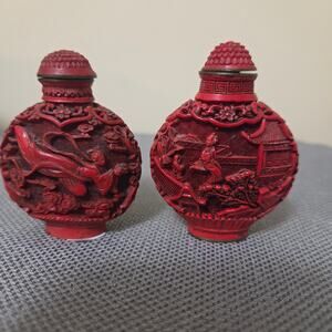 Vintage Pair Signed Chinese Red Cinnabar Carved Snuff Perfume Bottles